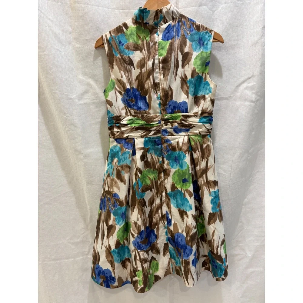 Jessica Howard Floral‎ Ruffle V-Neck Fit Flare Dress Blue Green Brown Petite 8P